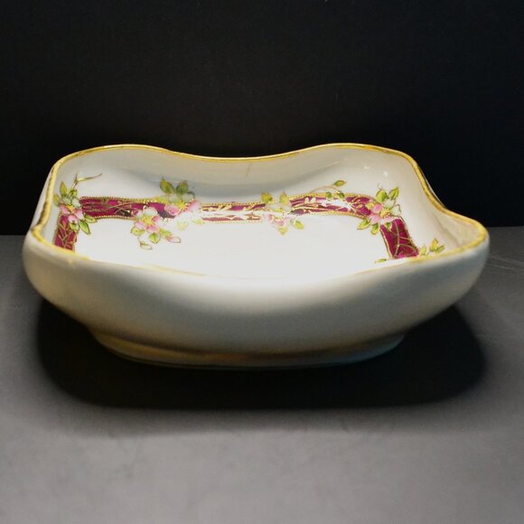 Antique Hand-Painted Nippon Square Dish Floral Ribbon Border Gold Trim Japan - Picture 1 of 7